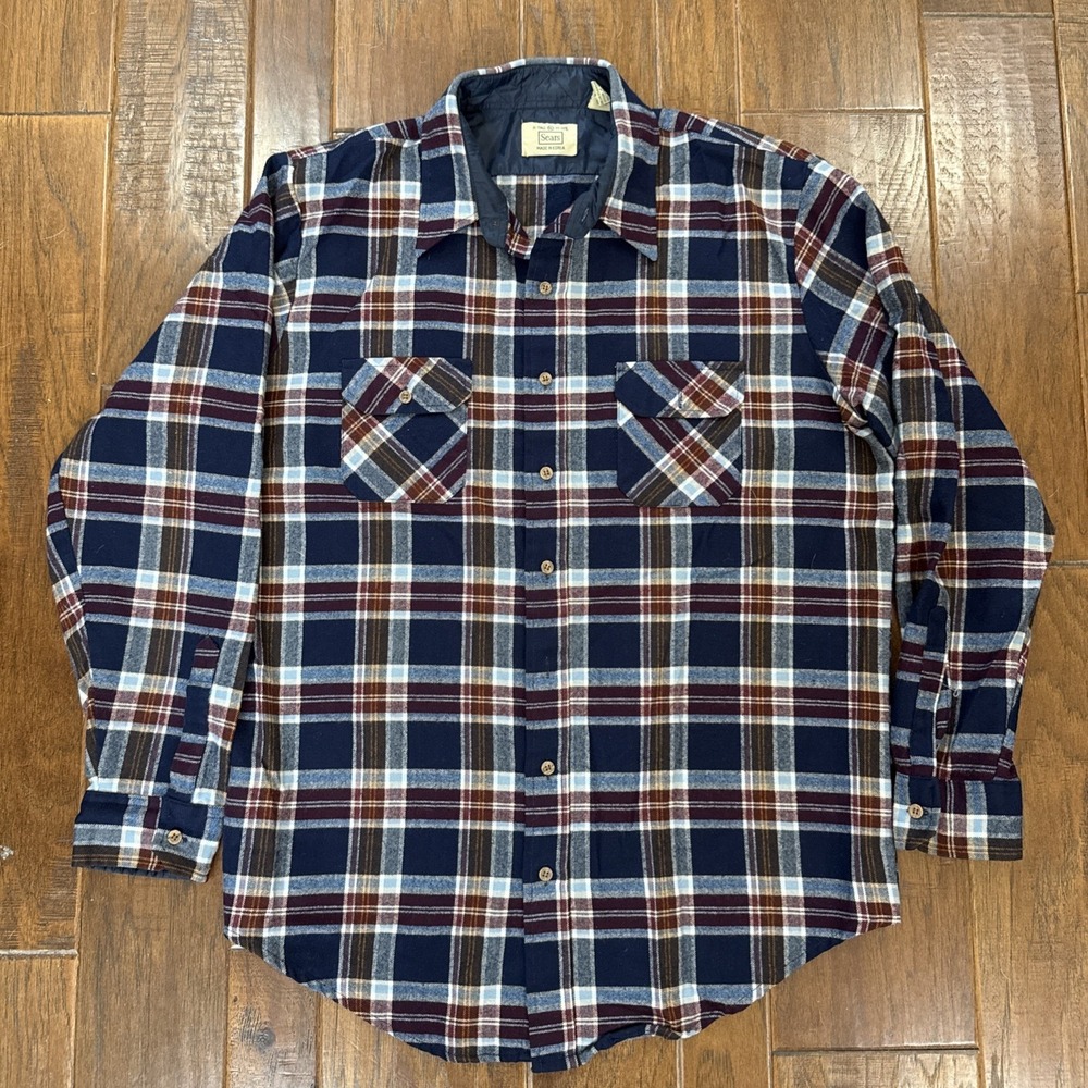 Vintage Sears Plaid Flannel Button Up Shirt Men's X-Tall 17-17.5 Made in Korea